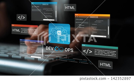 Hands typing on keyboard with AI and DevOps graphics, showcasing programming concepts, technology trends, and modern software development practices Gluon 142352897