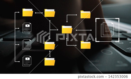Visual Representation of Digital File Organization and Management Process on a Computer Keyboard with Yellow Folders and Document Icons Gluon Visual Representation of Digital File Organization and Management Process on a Computer Keyboard with Yellow Folders and Document Icons Gluon 142353006