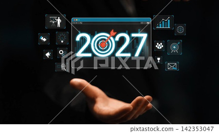 A creative representation of business strategy for 2027 featuring a target symbol and various digital icons to illustrate growth and innovation concepts in modern planning. Sigmoid A creative representation of business strategy for 2027 featuring a target symbol and various digital icons to illustrate growth and innovation concepts in modern planning. Sigmoid 142353047