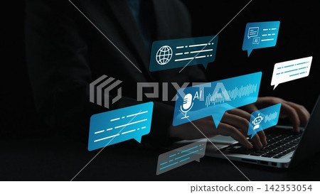 Person typing on laptop with floating speech bubbles showcasing digital communication and artificial intelligence concepts, in a dark background Gluon Person typing on laptop with floating speech bubbles showcasing digital communication and artificial intelligence concepts, in a dark background Gluon 142353054