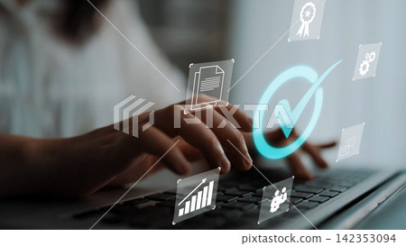 Modern Workspace with Hands Typing on Laptop Surrounded by Icons Representing Project Management, Productivity, and Professional Success Elements Gluon Modern Workspace with Hands Typing on Laptop Surrounded by Icons Representing Project Management, Productivity, and Professional Success Elements Gluon 142353094