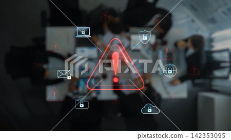 Cybersecurity Alert with Digital Lock Icons and Warning Signs in Office Meeting Context Among Colleagues Discussing Important Data Protection Issues. Raster Cybersecurity Alert with Digital Lock Icons and Warning Signs in Office Meeting Context Among Colleagues Discussing Important Data Protection Issues. Raster 142353095