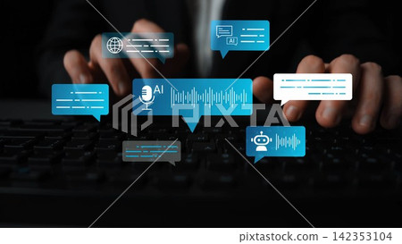 A Professional Using Technology for Communication and Artificial Intelligence Concepts at Work with Modern Colorful Speech Bubbles and Digital Elements Gluon A Professional Using Technology for Communication and Artificial Intelligence Concepts at Work with Modern Colorful Speech Bubbles and Digital Elements Gluon 142353104