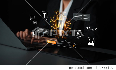 Woman in Business Attire Using Laptop with AI Technology Overlay for Creative Content Generation and Digital Innovation in Modern Workplace Environment Gluon Woman in Business Attire Using Laptop with AI Technology Overlay for Creative Content Generation and Digital Innovation in Modern Workplace Environment Gluon 142353109