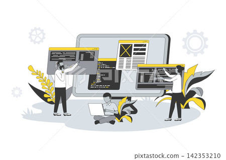 Computer programming concept in flat line design. People create software, write code and scripts, work with programming languages, product optimization. Vector illustration with outline scene for web Computer programming concept in flat line design. People create software, write code and scripts, work with programming languages, product optimization. Vector illustration with outline scene for web 142353210