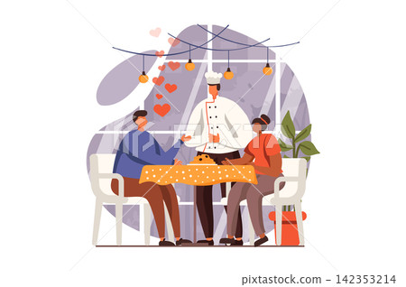 Cooking and restaurant web concept in flat design. Happy couple of customers gratitudes chef and praise delicious dish. Culinary art and professional staff. Vector illustration with people scene Cooking and restaurant web concept in flat design. Happy couple of customers gratitudes chef and praise delicious dish. Culinary art and professional staff. Vector illustration with people scene 142353214