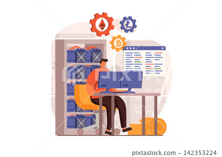 Cryptocurrency mining web concept in flat design. Man creates his own mining farm, investment in digital money and earning bitcoins, ethereum and litecoins. Vector illustration with people scene Cryptocurrency mining web concept in flat design. Man creates his own mining farm, investment in digital money and earning bitcoins, ethereum and litecoins. Vector illustration with people scene 142353224