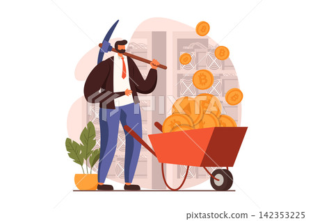 Cryptocurrency mining web concept in flat design. Man with pickaxe near wheelbarrow with bitcoins and other coins, investing money in and crypto business. Vector illustration with people scene Cryptocurrency mining web concept in flat design. Man with pickaxe near wheelbarrow with bitcoins and other coins, investing money in and crypto business. Vector illustration with people scene 142353225
