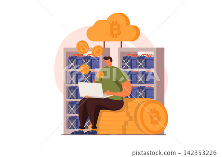 Cryptocurrency mining web concept in flat design. Man works for laptop on his own mining farm, investment, earning bitcoins at exchange and increases income. Vector illustration with people scene Cryptocurrency mining web concept in flat design. Man works for laptop on his own mining farm, investment, earning bitcoins at exchange and increases income. Vector illustration with people scene 142353226