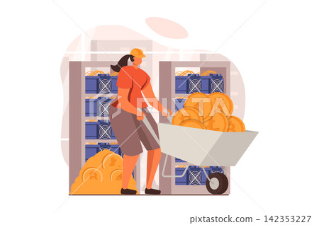 Cryptocurrency mining web concept in flat design. Woman holds wheelbarrow with bitcoins and other crypto money, invests and earns profit on her own mining farm. Vector illustration with people scene Cryptocurrency mining web concept in flat design. Woman holds wheelbarrow with bitcoins and other crypto money, invests and earns profit on her own mining farm. Vector illustration with people scene 142353227