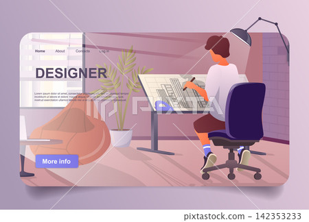 Designer working at home concept in cartoon design for landing page. Man draws building blueprint on tilted table and does creative work in studio. Vector illustration with people for web homepage Designer working at home concept in cartoon design for landing page. Man draws building blueprint on tilted table and does creative work in studio. Vector illustration with people for web homepage 142353233