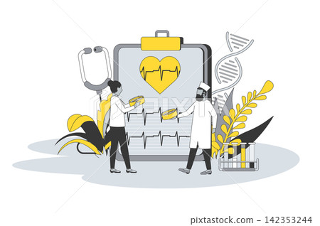 Healthcare and medicine concept in flat line design. People visit medical clinic, doctor consults patient, appointment and treatment in cardiology. Vector illustration with outline scene for web 142353244