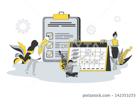 Planning and time management concept in flat line design. People schedule appointments on calendar, mark completed tasks on list and organize workflow. Vector illustration with outline scene for web Planning and time management concept in flat line design. People schedule appointments on calendar, mark completed tasks on list and organize workflow. Vector illustration with outline scene for web 142353255