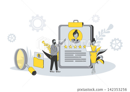 Recruiting and human resource concept in flat line design. People looking for new vacancies, managers read best resumes and select candidates at office. Vector illustration with outline scene for web Recruiting and human resource concept in flat line design. People looking for new vacancies, managers read best resumes and select candidates at office. Vector illustration with outline scene for web 142353256