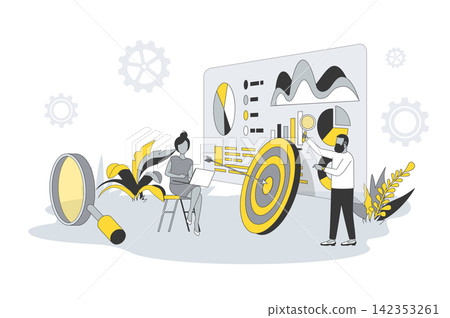 SEO optimization concept in flat line design. People analyze data, settings site for search engines, selects keywords, optimizes for popular queries. Vector illustration with outline scene for web SEO optimization concept in flat line design. People analyze data, settings site for search engines, selects keywords, optimizes for popular queries. Vector illustration with outline scene for web 142353261