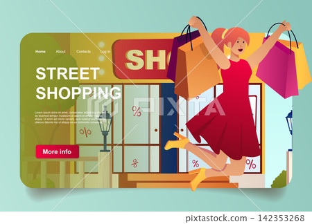 Street shopping with customer concept in cartoon design for landing page. Woman buyers jumping with bags near stores and making purchases at sales. Vector illustration with people for web homepage Street shopping with customer concept in cartoon design for landing page. Woman buyers jumping with bags near stores and making purchases at sales. Vector illustration with people for web homepage 142353268