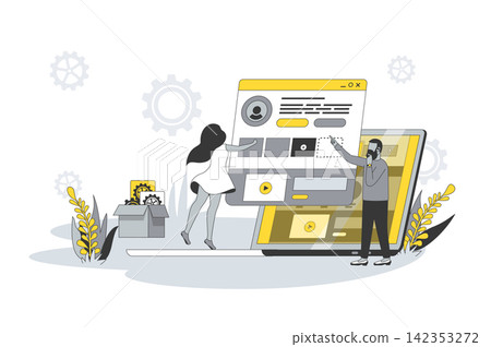 UI UX design concept in flat line design. People create layout and optimize places of buttons and navigation elements, testing user app interface. Vector illustration with outline scene for web UI UX design concept in flat line design. People create layout and optimize places of buttons and navigation elements, testing user app interface. Vector illustration with outline scene for web 142353272