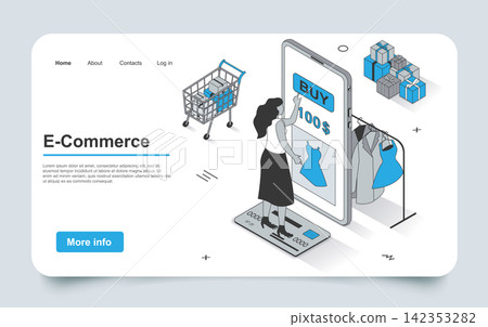 E-commerce concept in 3d isometric landing page outline design. Woman buys clothes in mobile app, pays for purchases with credit card, online shopping, line web template. Vector illustration. 142353282