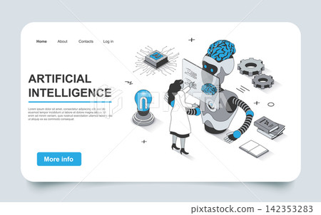 Artificial intelligence concept in 3d isometric landing page outline design. Scientist engineer working with AI and training robot brain, machine learning line web template. Vector illustration. Artificial intelligence concept in 3d isometric landing page outline design. Scientist engineer working with AI and training robot brain, machine learning line web template. Vector illustration. 142353283