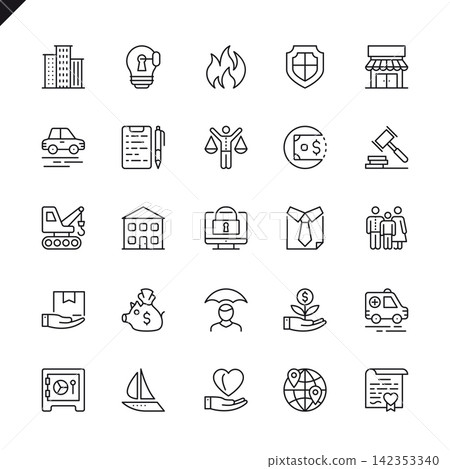 Thin line insurance icons set for website and mobile site and apps. Outline icons design. 48x48 Pixel Perfect. Linear pictogram pack. Vector illustration. Thin line insurance icons set for website and mobile site and apps. Outline icons design. 48x48 Pixel Perfect. Linear pictogram pack. Vector illustration. 142353340
