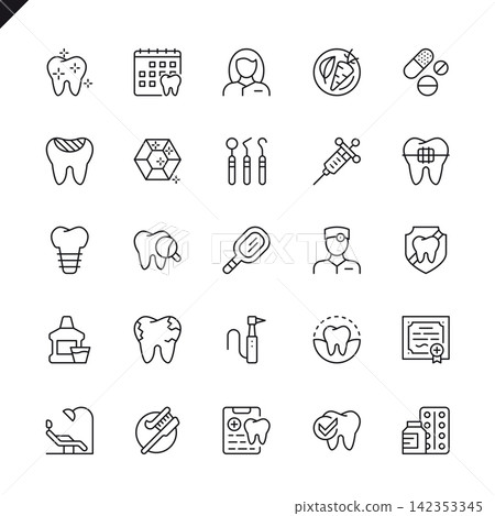 Thin line dental icons set for website and mobile site and apps. Outline icons design. 48x48 Pixel Perfect. Linear pictogram pack. Vector illustration. 142353345