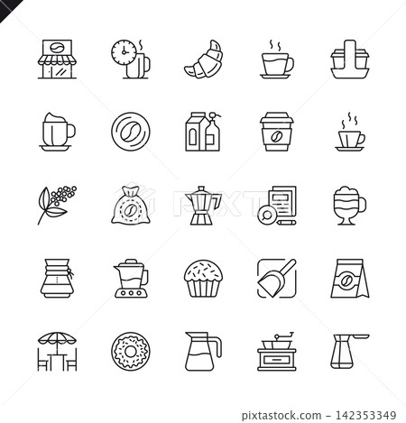 Thin line coffee, coffee house, coffee shop elements icons set for website and mobile site and apps. Outline icons design. 48x48 Pixel Perfect. Linear pictogram pack. Vector illustration. Thin line coffee, coffee house, coffee shop elements icons set for website and mobile site and apps. Outline icons design. 48x48 Pixel Perfect. Linear pictogram pack. Vector illustration. 142353349