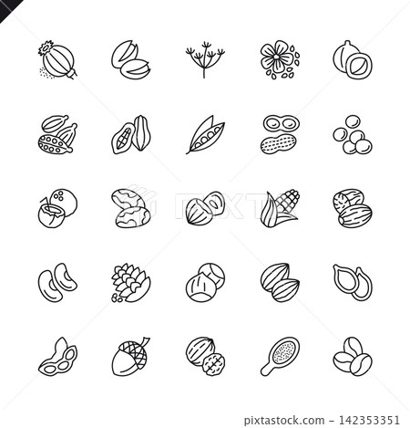 Thin line nuts, seeds and beans elements icons set for website and mobile site and apps. Outline icons design. 48x48 Pixel Perfect. Linear pictogram pack. Vector illustration. Thin line nuts, seeds and beans elements icons set for website and mobile site and apps. Outline icons design. 48x48 Pixel Perfect. Linear pictogram pack. Vector illustration. 142353351