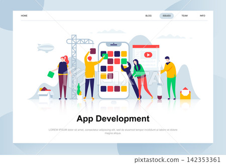 App development modern flat design concept. Smartphone and people concept. Landing page template. Conceptual flat vector illustration for web page, website and mobile website. App development modern flat design concept. Smartphone and people concept. Landing page template. Conceptual flat vector illustration for web page, website and mobile website. 142353361