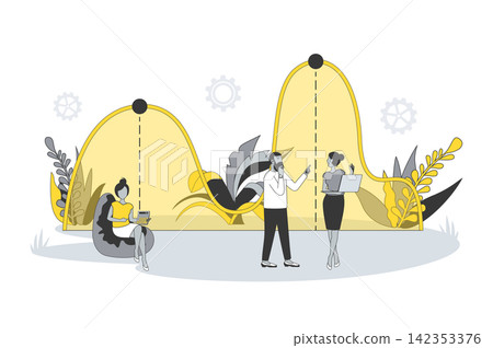 Data analytics concept in flat line design. People research statistics and financial graph, work with information, improvement and optimization strategy. Vector illustration with outline scene for web Data analytics concept in flat line design. People research statistics and financial graph, work with information, improvement and optimization strategy. Vector illustration with outline scene for web 142353376