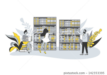 Book library concept in flat line design. People choose books and novels on bookshelves, read textbooks and gain knowledge, buy literature in bookstore. Vector illustration with outline scene for web Book library concept in flat line design. People choose books and novels on bookshelves, read textbooks and gain knowledge, buy literature in bookstore. Vector illustration with outline scene for web 142353395
