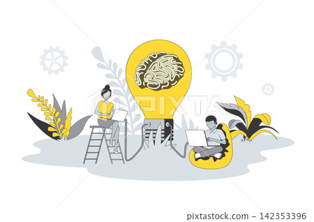 Brainstorming concept in flat line design. People generate creative new ideas, working and discuss, collaborate and communicate at business meeting. Vector illustration with outline scene for web 142353396