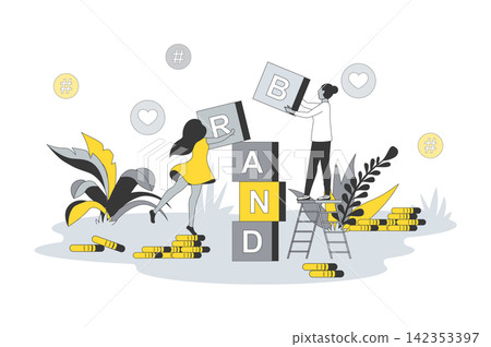 Branding and promotion concept in flat line design. People building business brand, trademark and corporate identity, making advertising campaign. Vector illustration with outline scene for web Branding and promotion concept in flat line design. People building business brand, trademark and corporate identity, making advertising campaign. Vector illustration with outline scene for web 142353397
