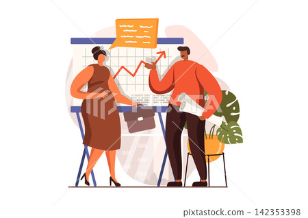 Business activities web concept in flat design. Man discusses with woman, analyzes financial data and talks about work tasks. Businesspeople working at office. Vector illustration with people scene Business activities web concept in flat design. Man discusses with woman, analyzes financial data and talks about work tasks. Businesspeople working at office. Vector illustration with people scene 142353398