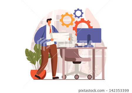 Business activities web concept in flat design. Man accountant holds stack of documents and making paperwork at workplace. Businesspeople working at office. Vector illustration with people scene 142353399