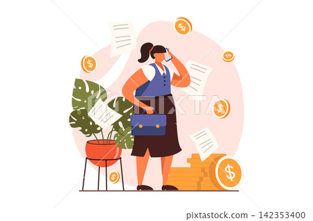 Business activities web concept in flat design. Woman consults by calling on phone. Entrepreneur with briefcase making deal. Businesspeople working at office. Vector illustration with people scene 142353400