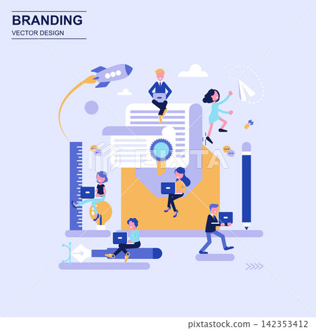Branding flat design concept blue style with decorated small people character. Branding flat design concept blue style with decorated small people character. 142353412