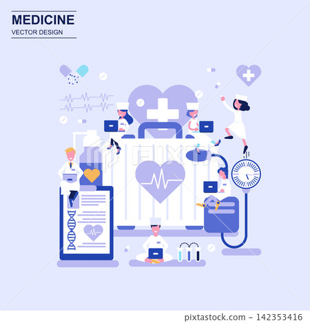 Medicine and healthcare flat design concept blue style with decorated small people character. Medicine and healthcare flat design concept blue style with decorated small people character. 142353416
