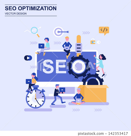 Seo optimization flat design concept blue style with decorated small people character. Seo optimization flat design concept blue style with decorated small people character. 142353417