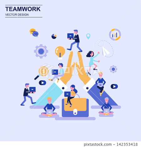 Teamwork and business flat design concept blue style with decorated small people character. Teamwork and business flat design concept blue style with decorated small people character. 142353418