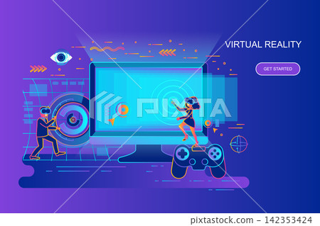 Modern gradient flat line concept web banner of virtual reality with decorated small people character. Landing page template. 142353424