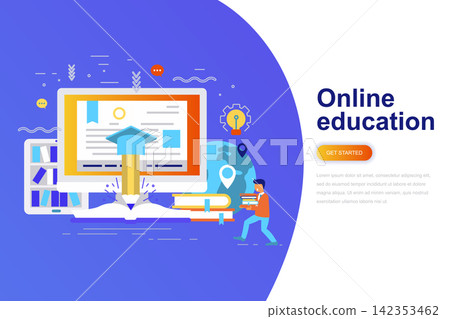 Online education modern flat concept web banner with decorated small people character. Landing page template. 142353462