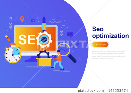 Seo optimization modern flat concept web banner with decorated small people character. Landing page template. 142353474