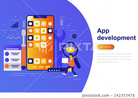 App development modern flat concept web banner with decorated small people character. Landing page template. App development modern flat concept web banner with decorated small people character. Landing page template. 142353478