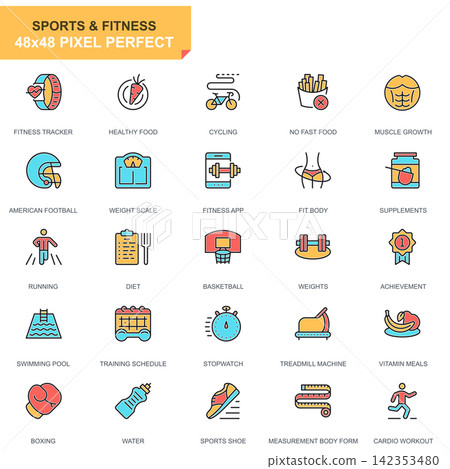 Flat line sports and fitness icons set for website and mobile site and apps. Contains such Icons as Fit Body, Swimming, Fitness, Supplements. 48x48 Pixel Perfect. Pictogram pack. Vector illustration. Flat line sports and fitness icons set for website and mobile site and apps. Contains such Icons as Fit Body, Swimming, Fitness, Supplements. 48x48 Pixel Perfect. Pictogram pack. Vector illustration. 142353480