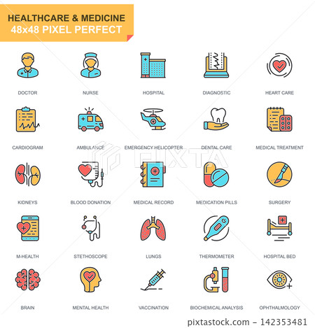 Flat line healthcare and medicine icons set for website and mobile site and apps. Contains such Icons as Doctor, Hospital, Medical Equipment. 48x48 Pixel Perfect. Pictogram pack. Vector illustration. 142353481