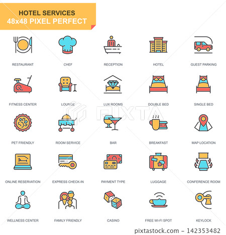 Flat line hotel services icons set for website and mobile site and apps. Contains such Icons as Restaurant, Room Services, Reception. 48x48 Pixel Perfect. Pictogram pack. Vector illustration. Flat line hotel services icons set for website and mobile site and apps. Contains such Icons as Restaurant, Room Services, Reception. 48x48 Pixel Perfect. Pictogram pack. Vector illustration. 142353482