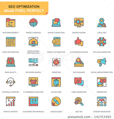 Flat line seo and web optimization icons set for website and mobile site and apps. Contains such Icons as Target, Marketing, Traffic Growth. 48x48 Pixel Perfect. Pictogram pack. Vector illustration. Flat line seo and web optimization icons set for website and mobile site and apps. Contains such Icons as Target, Marketing, Traffic Growth. 48x48 Pixel Perfect. Pictogram pack. Vector illustration. 142353485
