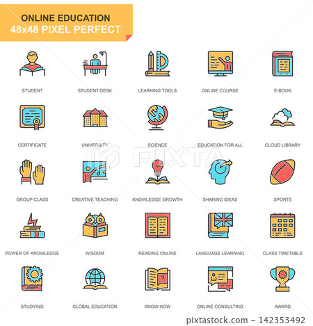 Flat line education and knowledge icons set for website and mobile site and apps. Contains such Icons as Course, University, Studying, Book. 48x48 Pixel Perfect. Pictogram pack. Vector illustration. Flat line education and knowledge icons set for website and mobile site and apps. Contains such Icons as Course, University, Studying, Book. 48x48 Pixel Perfect. Pictogram pack. Vector illustration. 142353492