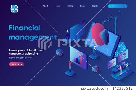 Financial management concept 3d isometric web landing page. People analyze data on income and expenses, accounting, create strategy to increase income. Vector illustration for web template design Financial management concept 3d isometric web landing page. People analyze data on income and expenses, accounting, create strategy to increase income. Vector illustration for web template design 142353512