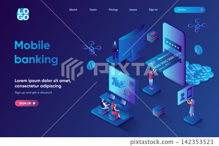Mobile banking concept 3d isometric web landing page. People make financial transactions, pay for purchases with credit cards using mobile apps or websites. Vector illustration for web template design Mobile banking concept 3d isometric web landing page. People make financial transactions, pay for purchases with credit cards using mobile apps or websites. Vector illustration for web template design 142353521